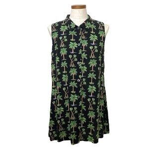 Vintage Sleeveless Mini Dress Y2K Button Front Collar Palm Trees PETITE Large PL
